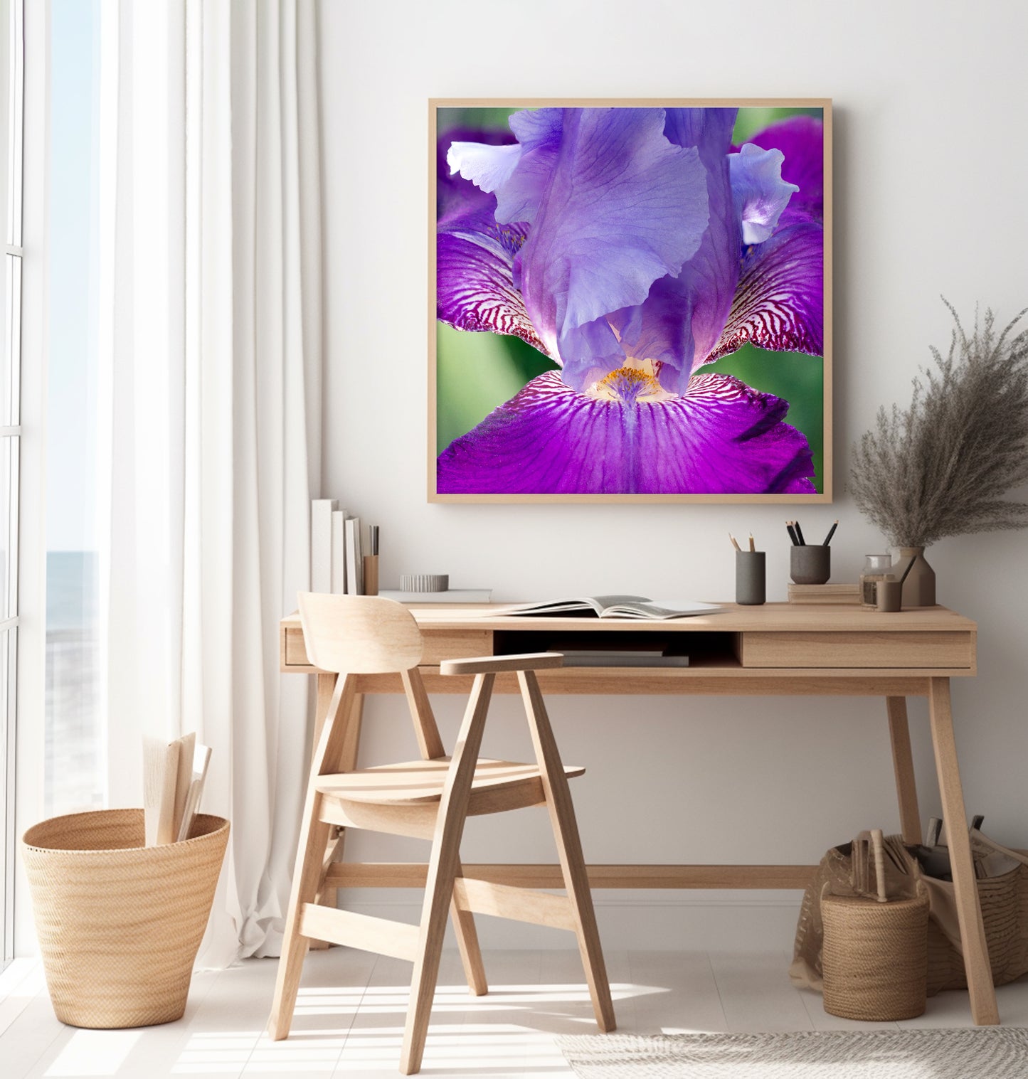 Glowing Iris Nature Photograph Botanical Floral Wall Art Printable Featured in Home Office Setting 2