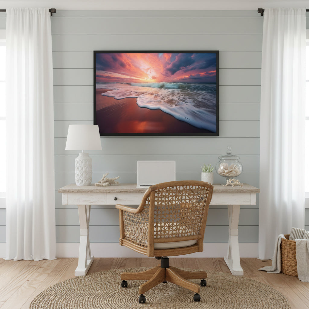 Golden Horizon Realism Painting Beach Artwork Framed Coastal Wall Art Print in Coastal Style Home Office Setting