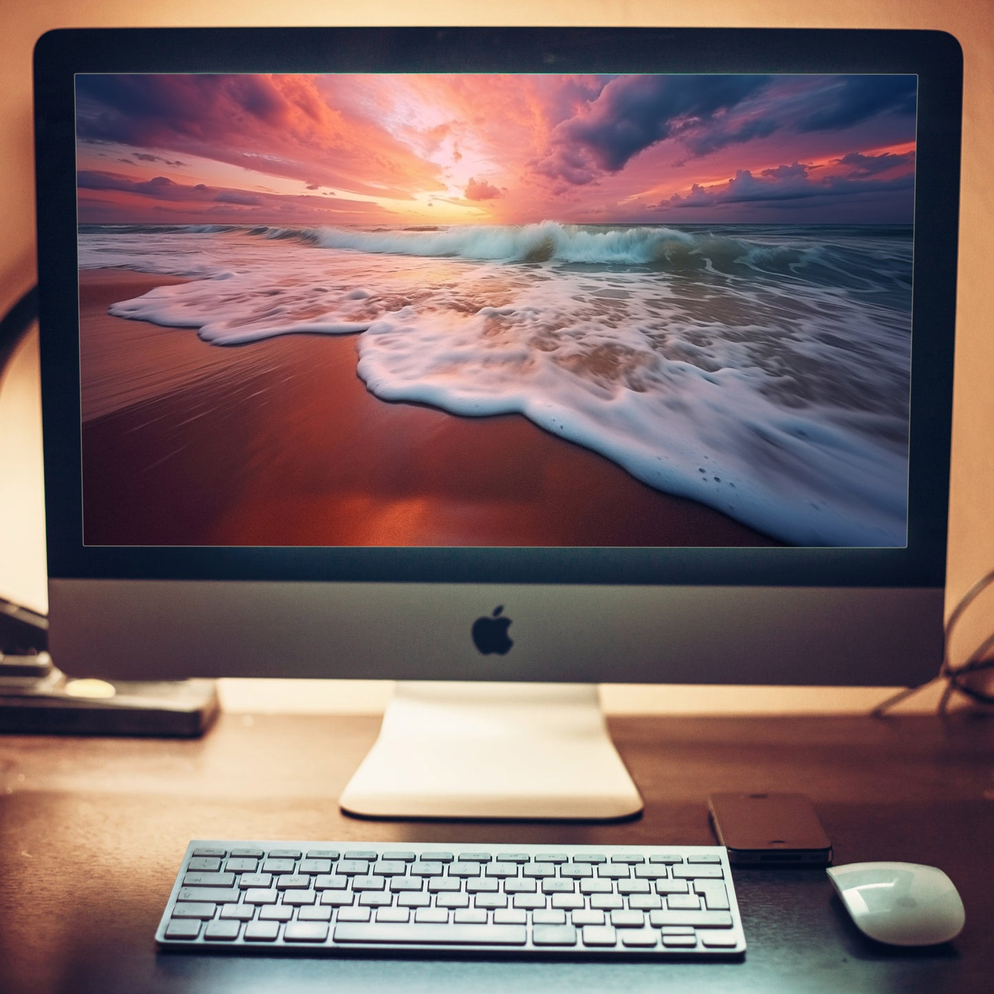 Golden Horizon Realism Painting Beach Artwork Wallpaper for Computer 2