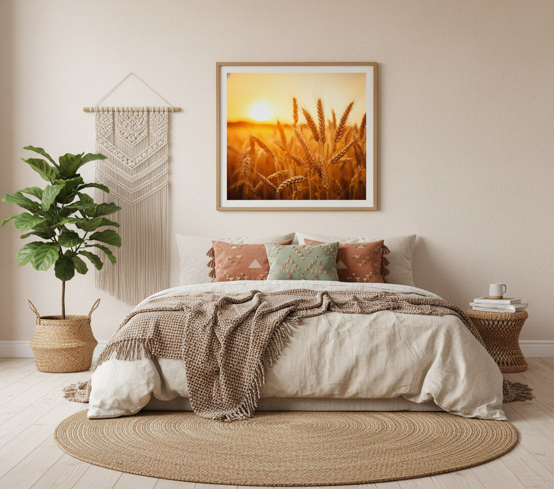 Golden Hour Harvest Minimal Botanical Rustic Subdued Wheat Crops Photorealistic Digital Artwork DIY Downloadable and Printable Wall Art Prints Bohemian Bedroom