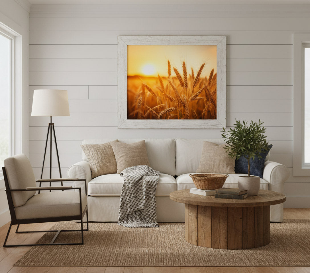 Golden Hour Harvest Minimal Botanical Rustic Subdued Wheat Crops Photorealistic Digital Artwork DIY Downloadable and Printable Wall Art Prints Modern Farmhouse Living Room