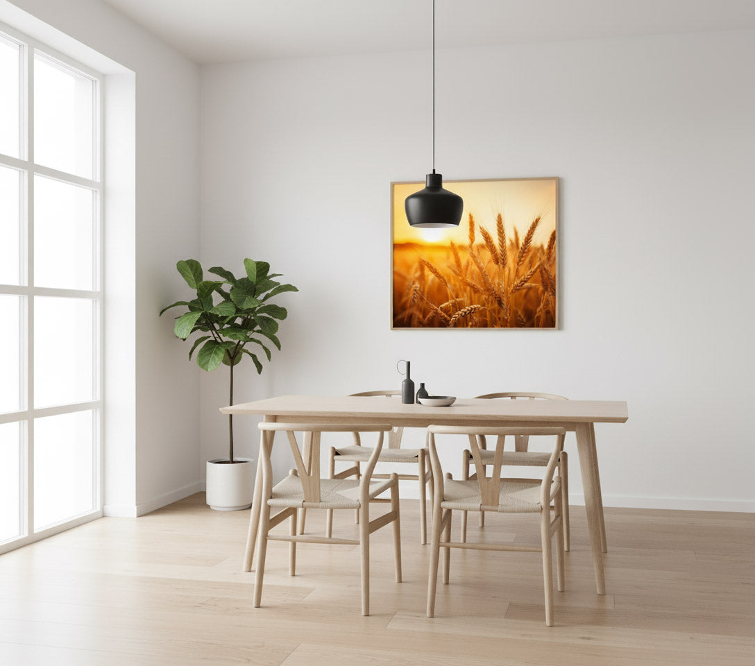Golden Hour Harvest Minimal Botanical Rustic Subdued Wheat Crops Photorealistic Digital Artwork DIY Downloadable and Printable Wall Art Prints Scandinavian Dining Room