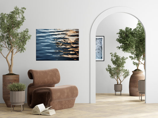 Golden Hour on the Water Realism Painting Canvas Wall Art Print in Living Room Setting above sofa
