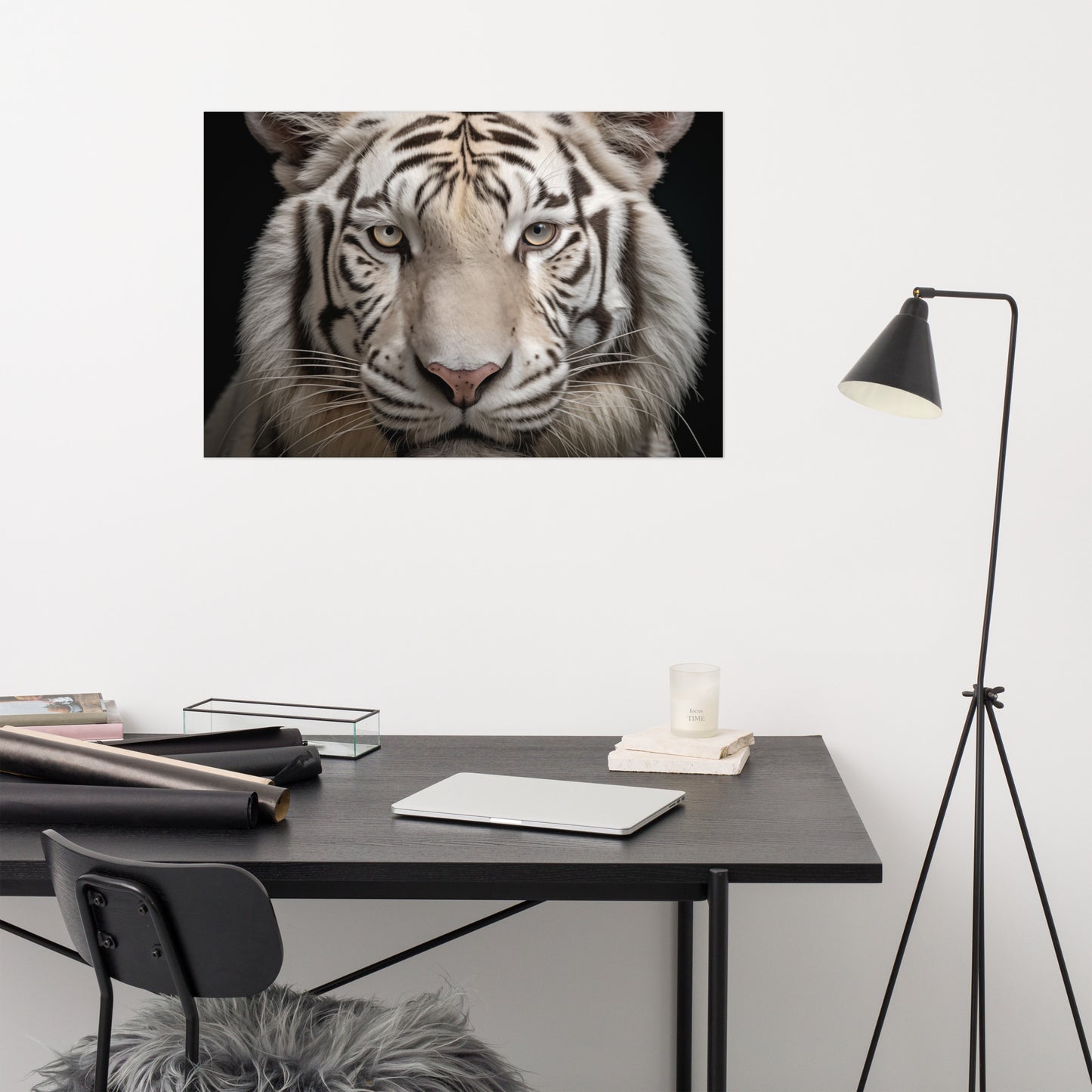 Hallway Stairs Wall Art: Albino Majesty White Tiger Photorealism Painting - Digital Artwork Loose Art Print