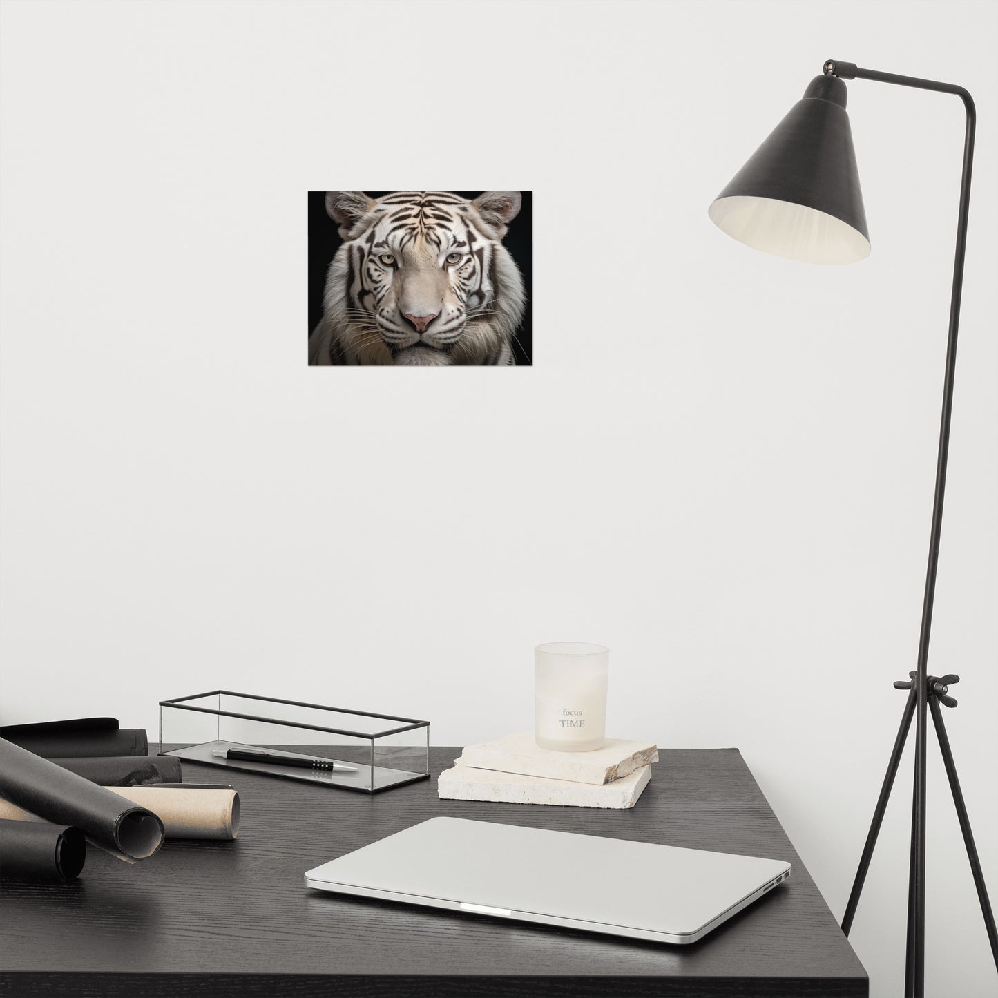 Hallway Wall Accessories: Albino Majesty White Tiger Photorealism Painting - Digital Artwork Loose Art Print