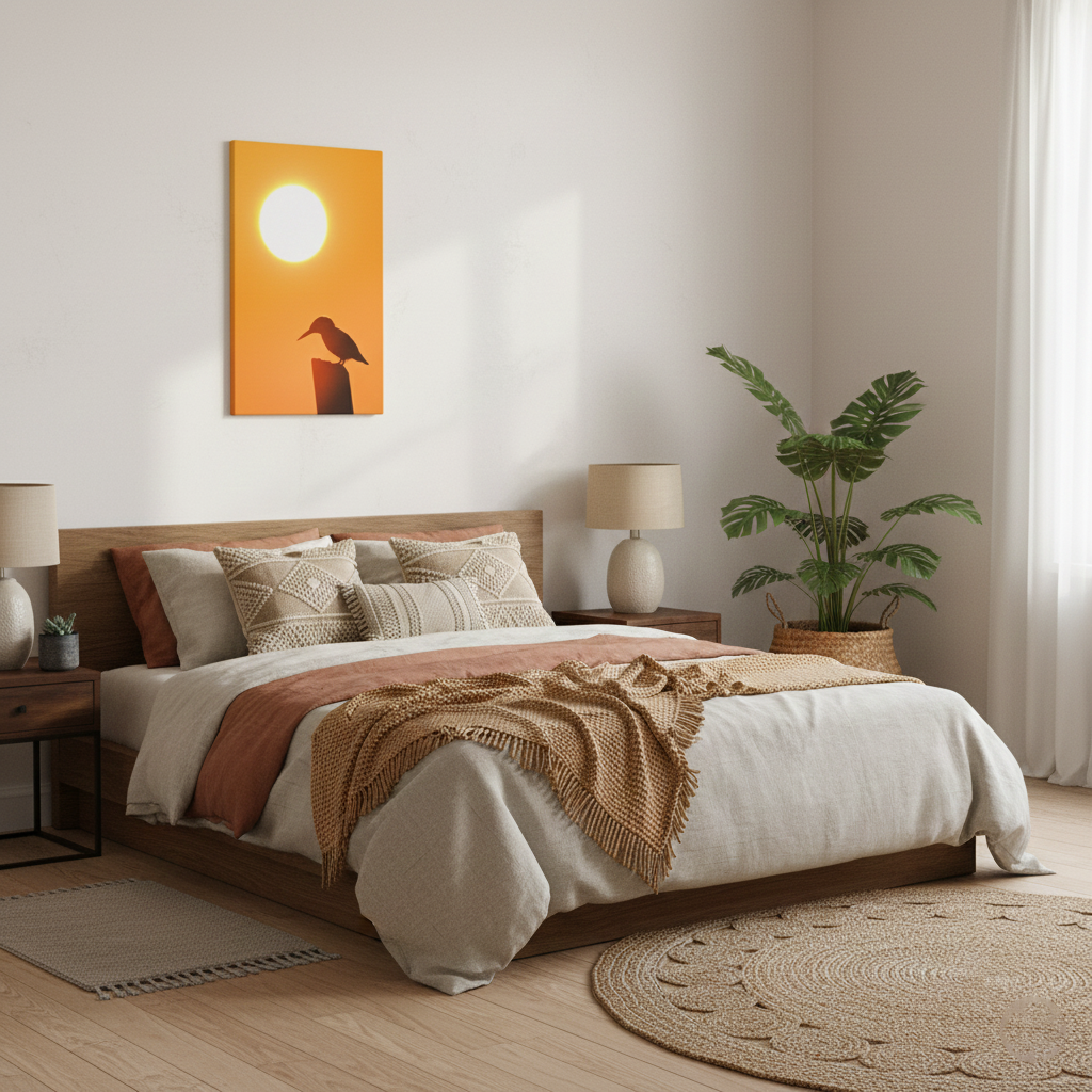 Kingfisher Bird Silhouette on Perch At Sunset Canvas Print in Boho Zen Style Bedroom