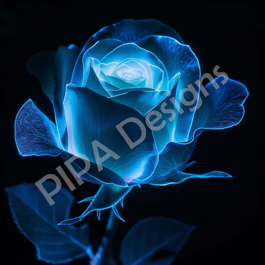 Midnight Bloom Bioluminescent Rose Black Background Downloadable / Printable Digital Artwork