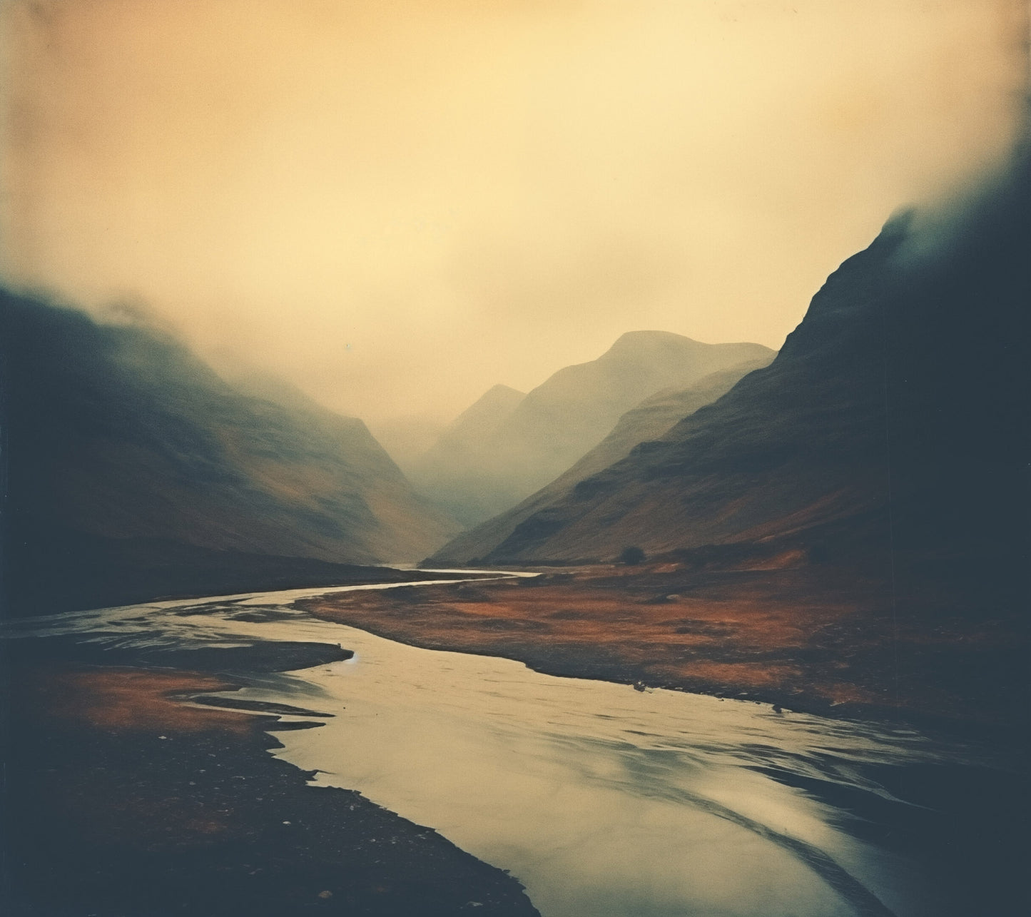 Misty Mountain Valley Vintage Subdued Photorealism - Digital Artwork Loose Art Print