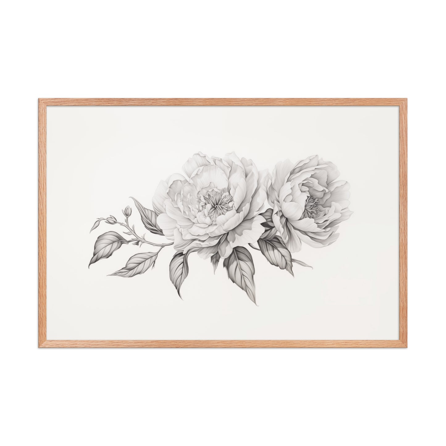 Monochromatic Bloom Pencil Sketch Floral Digital Artwork Framed Wall Art Print - Natural Wooden Frame