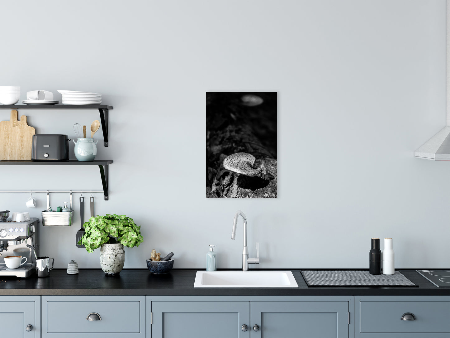 Vintage Farmhouse Wall Art: Mushroom on Log Black and White - Botanical / Plant / Nature Photograph Loose / Unframed / Frameable / Frameless Wall Art Print - Artwork