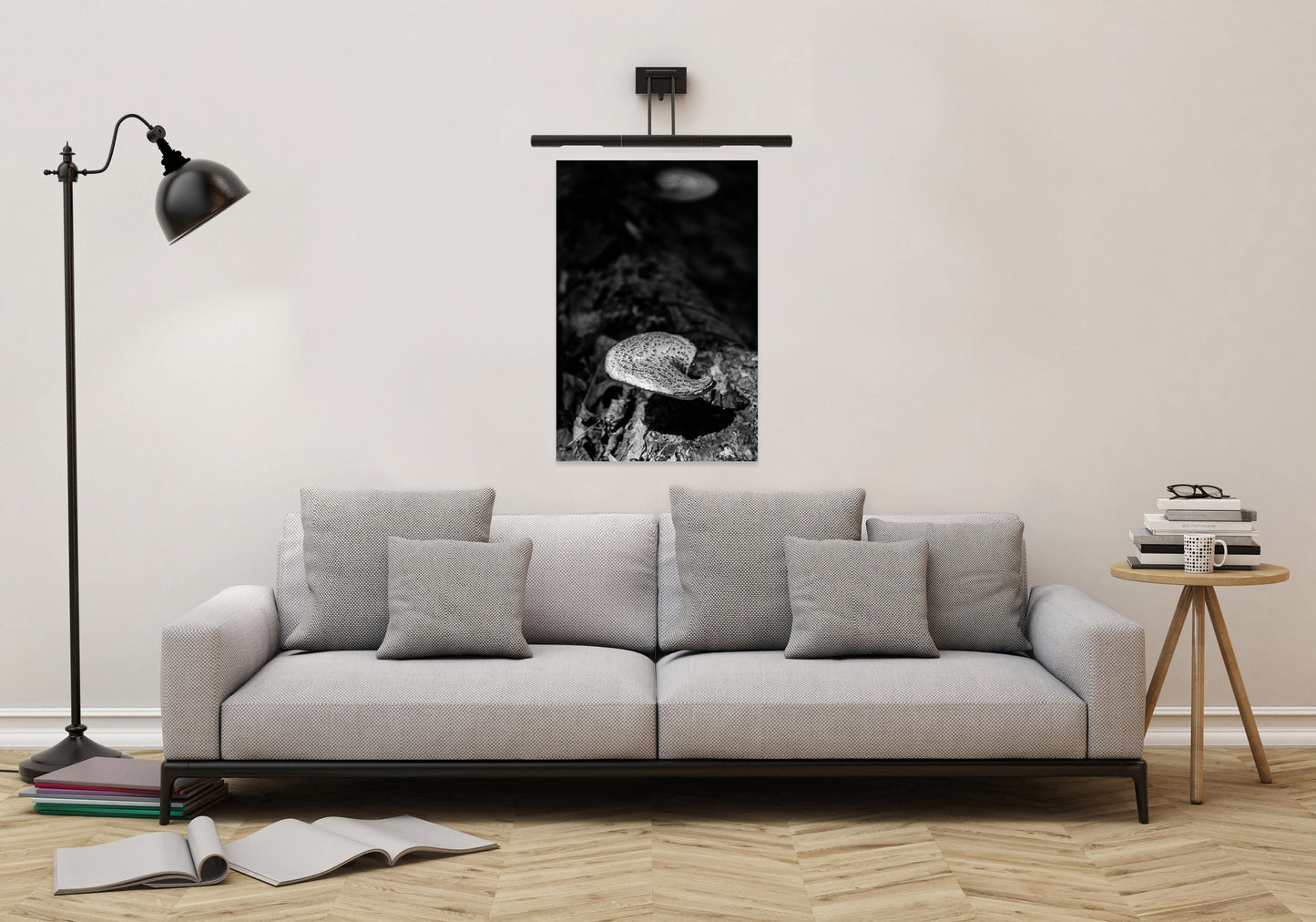 Vintage Farmhouse Wall Decor: Mushroom on Log Black and White - Botanical / Plant / Nature Photograph Loose / Unframed / Frameable / Frameless Wall Art Print - Artwork