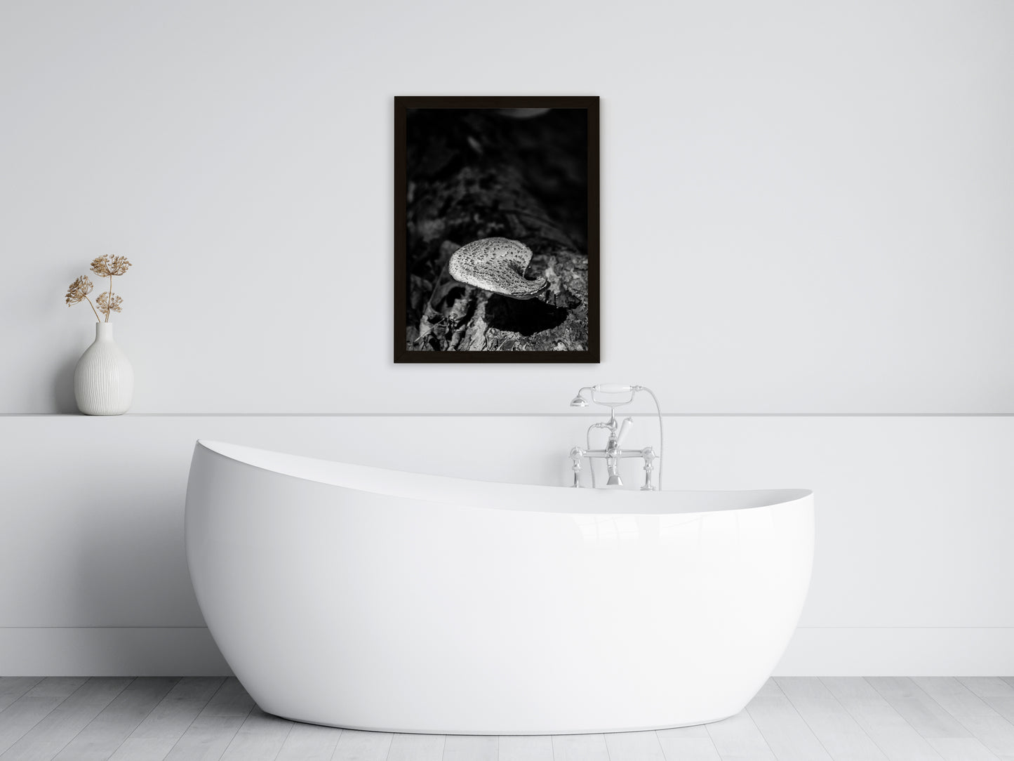 Bathroom Pictures For Wall: Mushroom on Log in Black & White Rustic / Country Style Nature Photo Framed Wall Art Print