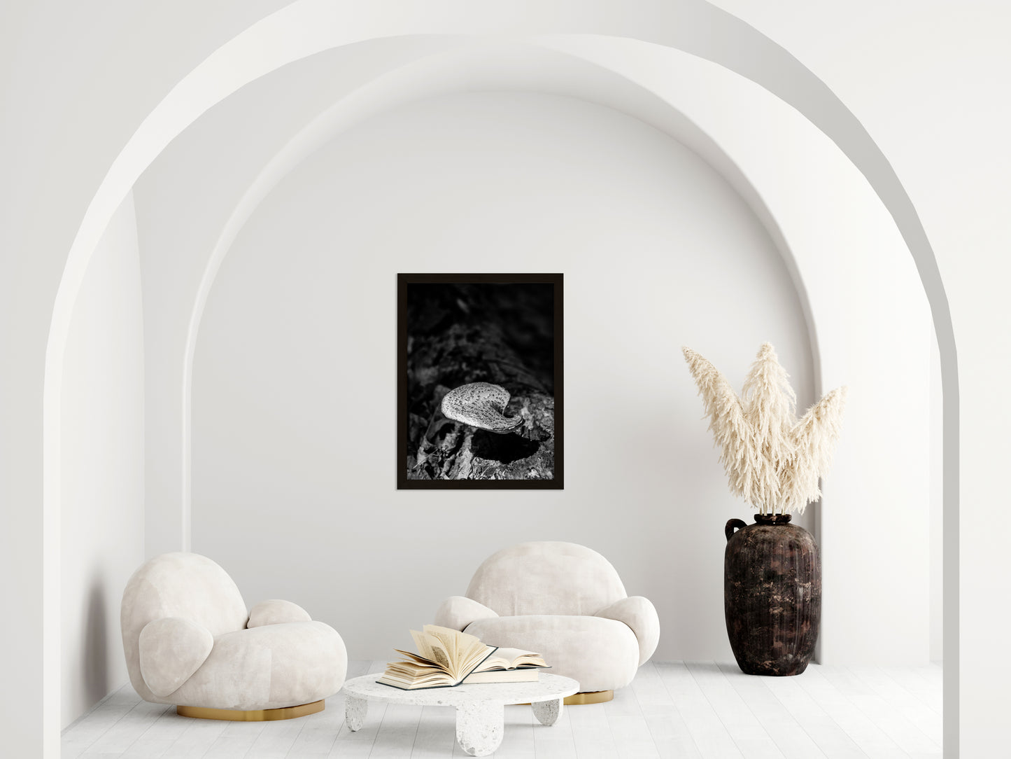 Art For Front Room: Mushroom on Log in Black & White Rustic / Country Style Nature Photo Framed Wall Art Print