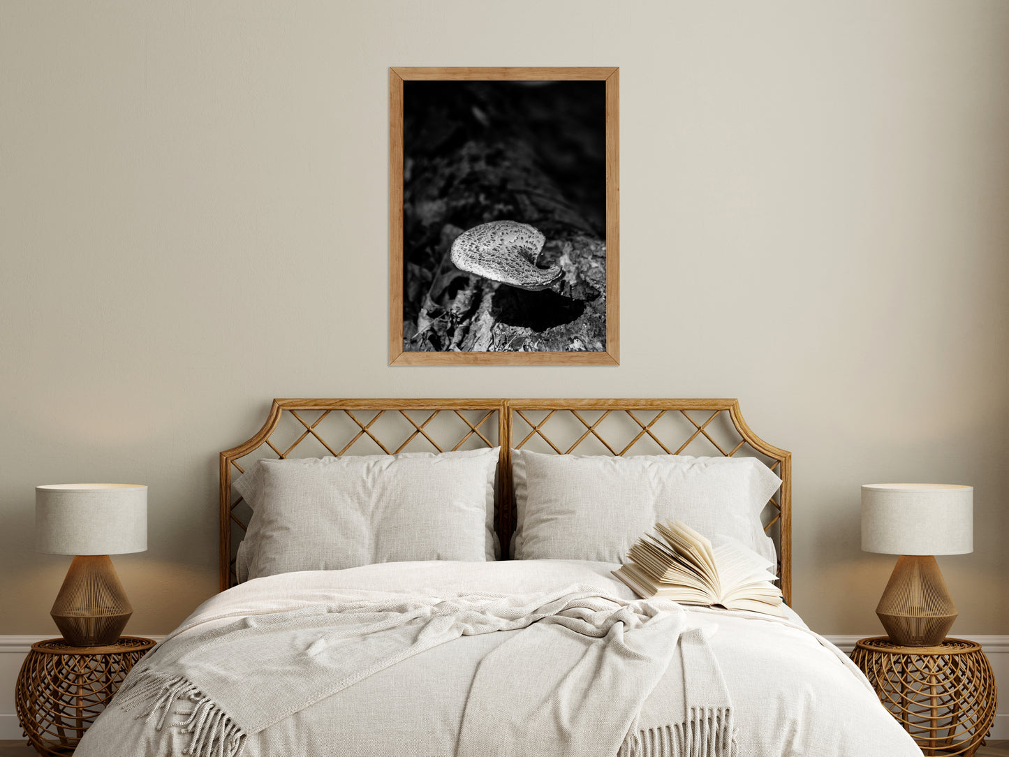 Art Decor For Bedroom Wall: Mushroom on Log in Black & White Rustic / Country Style Nature Photo Framed Wall Art Print