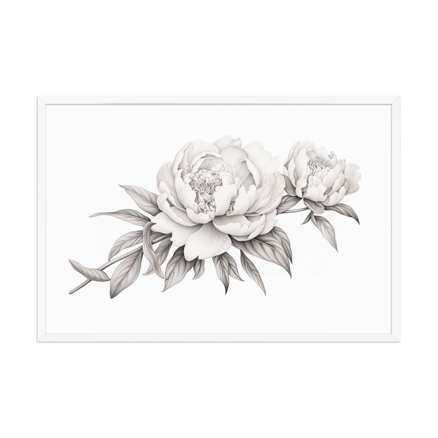 Pencil Petals Pencil Sketch Floral Digital Artwork Framed Wall Art Print - White Wood Frame