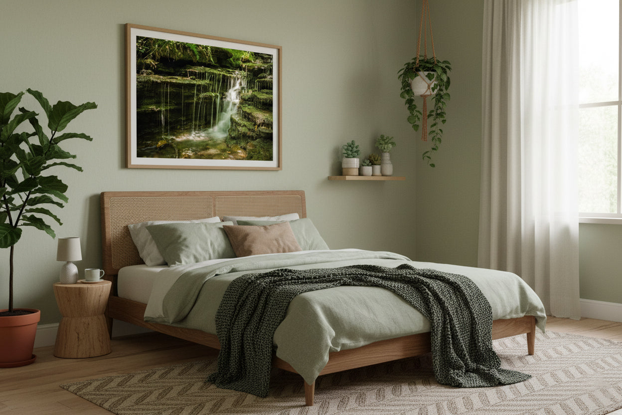 Pixley Falls Rustic Landscape Photograph Loose Wall Art Print in Biophilic Style Bedroom