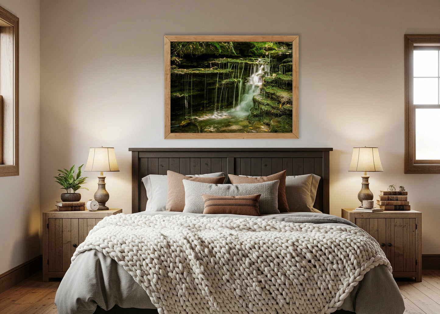 Pixley Falls Rustic Landscape Photograph Framed Wall Art Print in Modern Rustic Bedroom Setting
