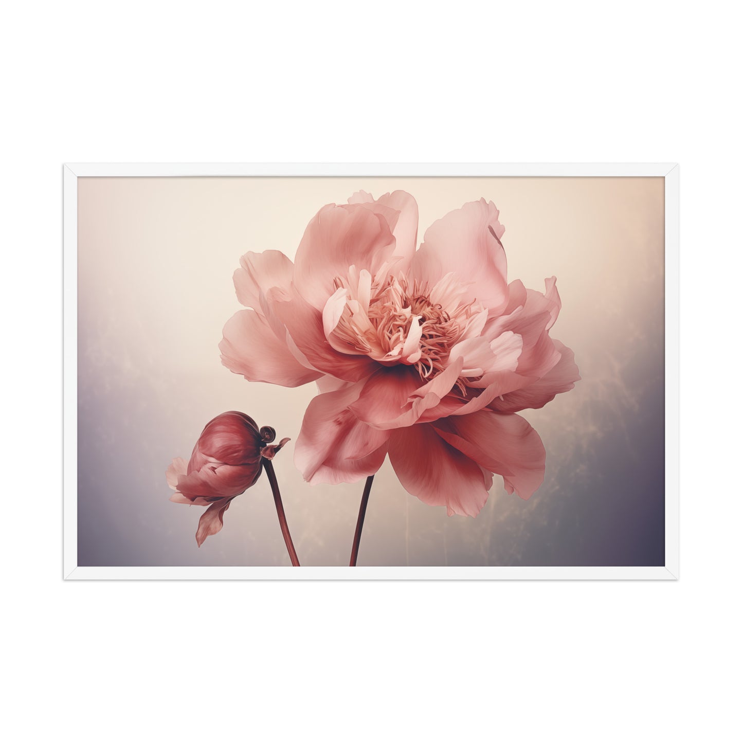 Quiet Blooms Peony Retro Subdued Photorealistic Floral Digital Artwork Framed Wall Art Print - White Wood Frame