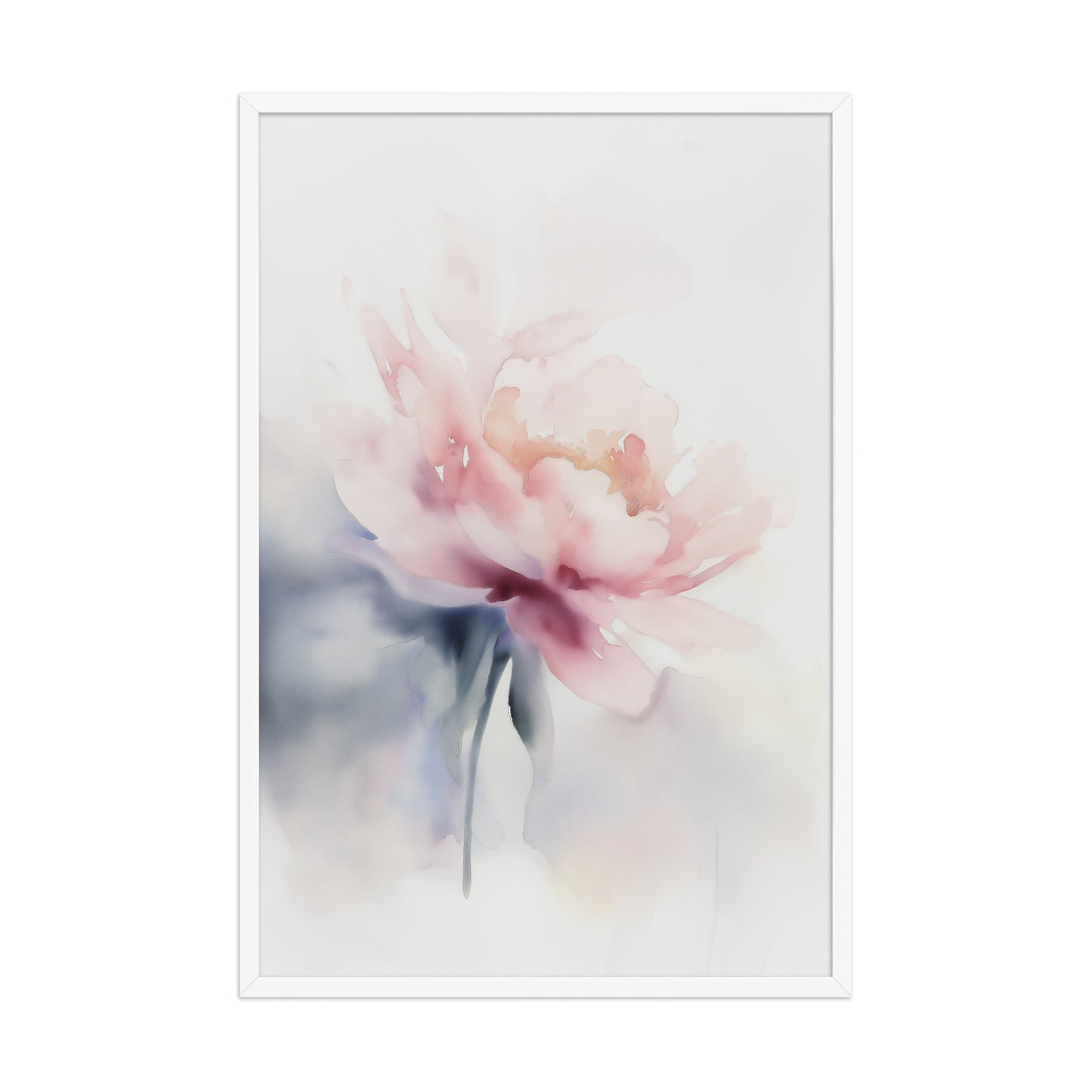Quiet Grace Floral Digital Watercolor Painting Blush Peony Wall Art Framed Print - White Frame