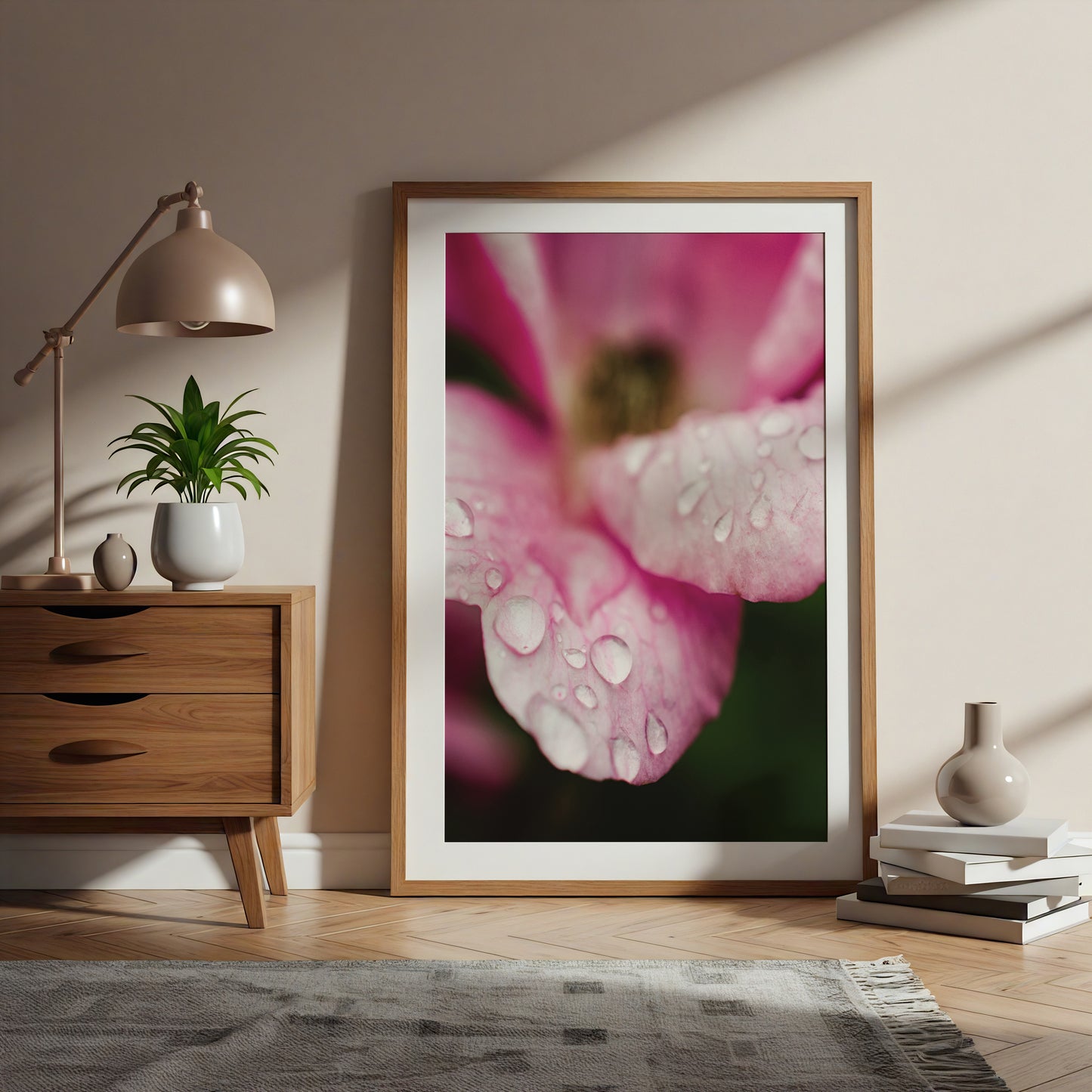 Raindrops on Wild Rose Color Nature Photography DIY Downloadable Printable Art in Bedroom Setting