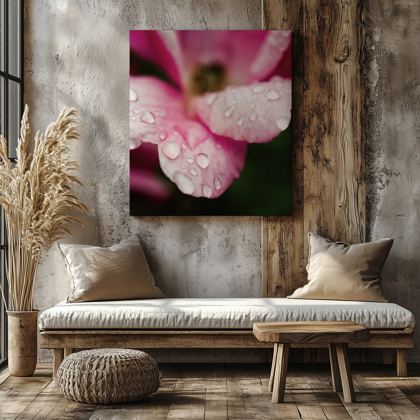 Raindrops on Wild Rose Color Nature Photography DIY Downloadable Printable Art in Bedroom Setting 2