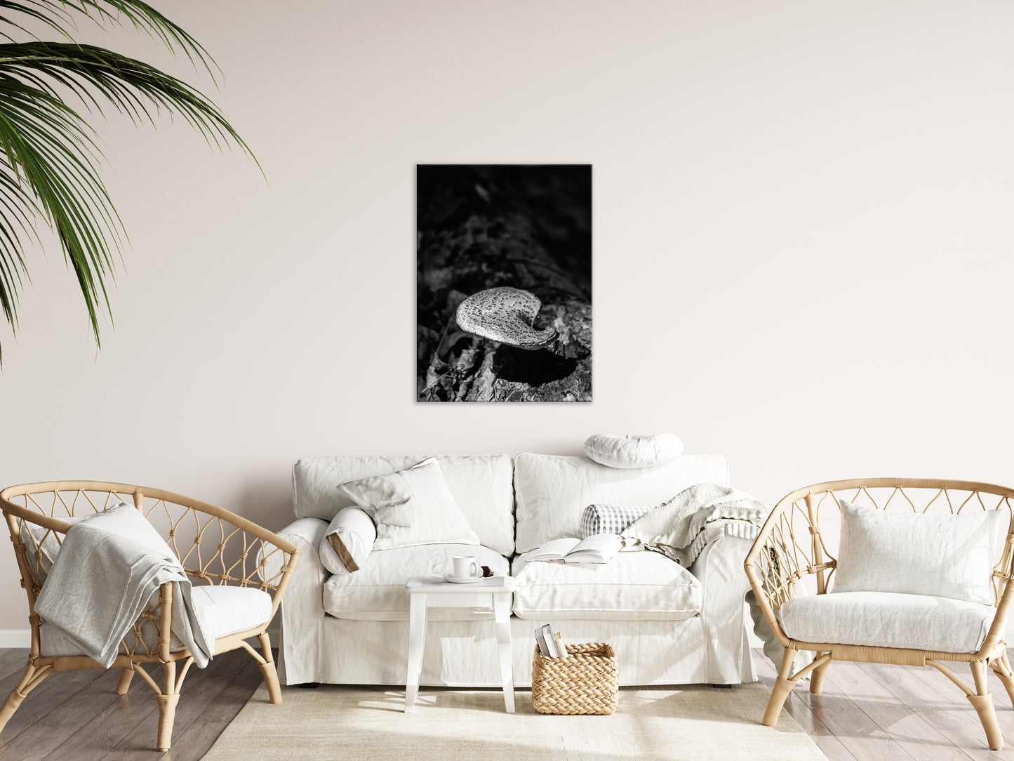 Artwork For Living Room Wall: Mushroom on Log Black and White Botanical Nature Canvas Wall Art Prints