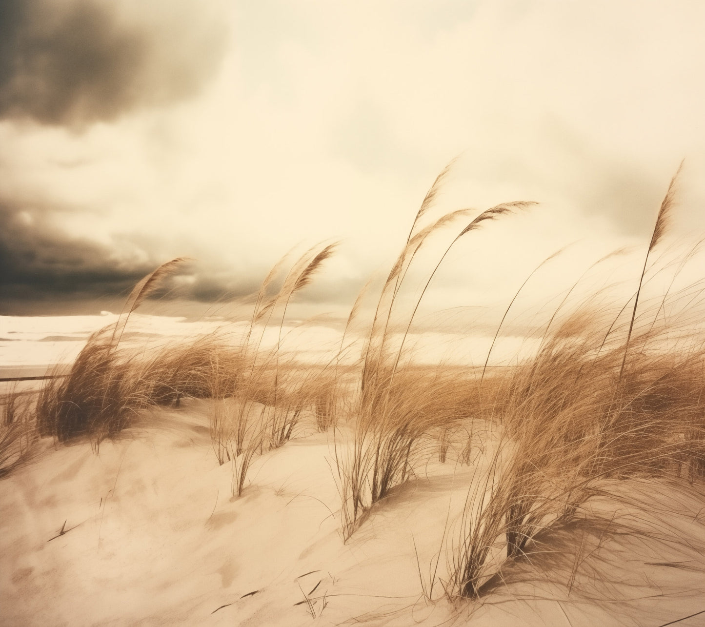 Seagrass Dancing in the Wind Subdued Retro Coastal Photorealistic Digital Artwork Loose Art Print