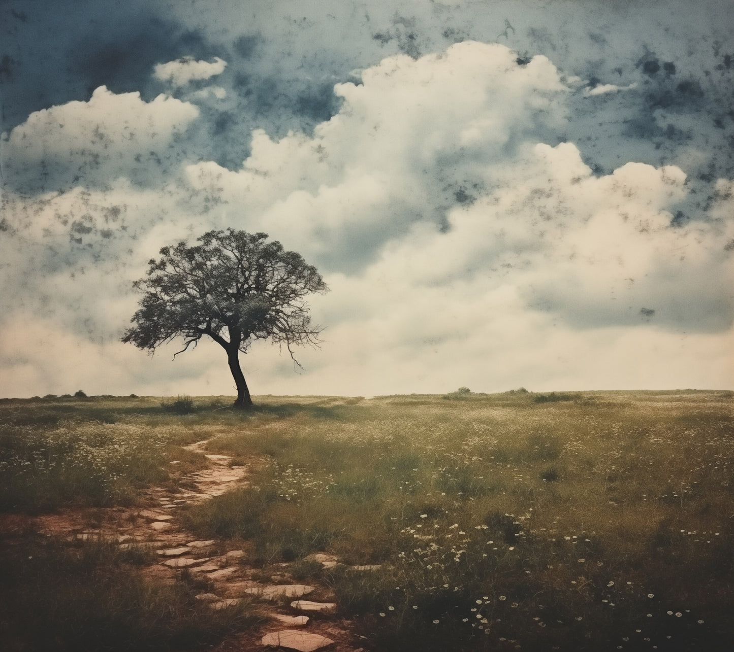 Solitary Meadow Sentinel Subdued Retro Rustic Photorealism - Digital Artwork Loose Art Print