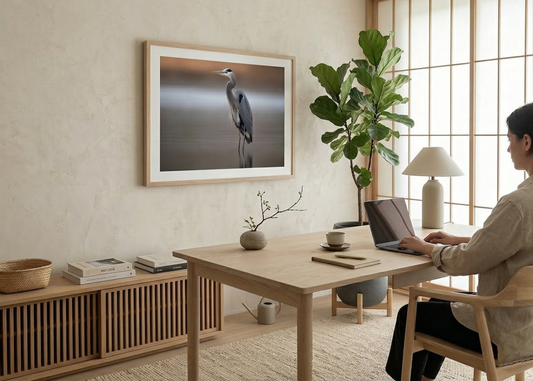 blue heron painting: Stilled Waters Wildlife Photorealistic Digital Painting DIY Downloadable and Printable Wall Art Print in Japandi Style Home Office