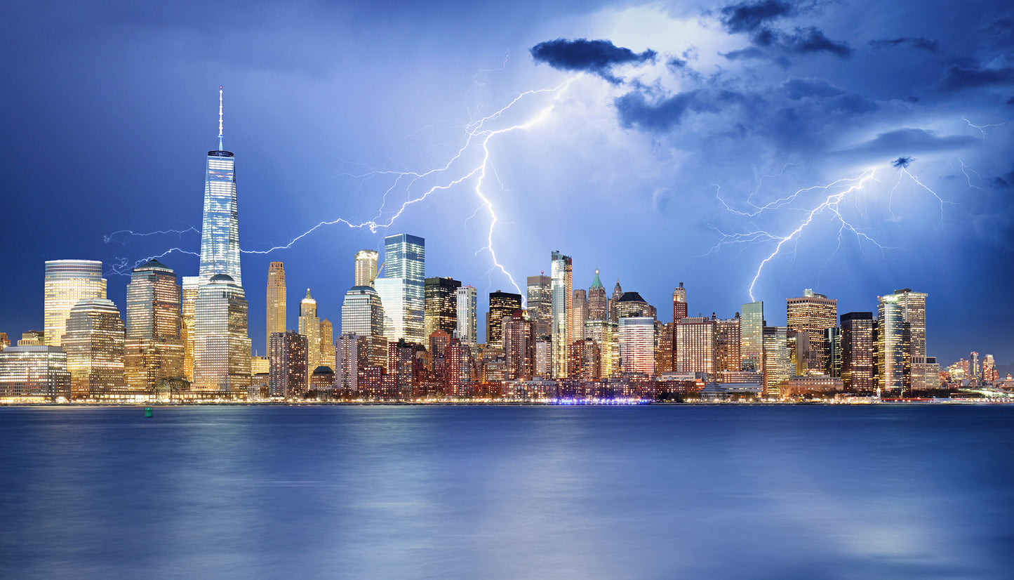 Electrifying New York: Lightning Strikes the Skyline Cityscape Photograph