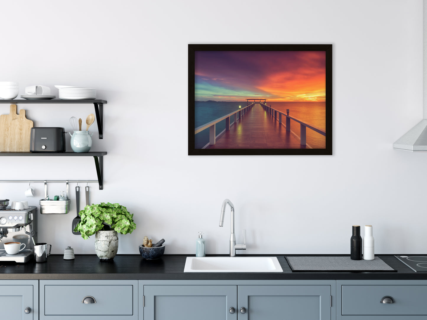 Framed Seascape Prints: Surreal Wooden Pier At Sunset with Intrigued Effect - Coastal / Seascape / Nature / Landscape Photo Framed Artwork - Wall Decor