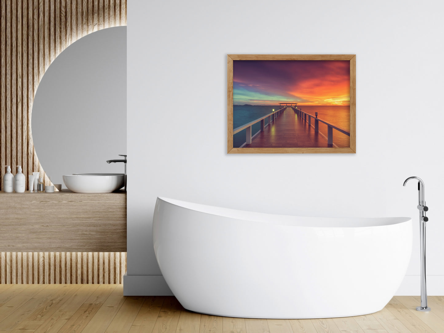 Framed Sea Art: Surreal Wooden Pier At Sunset with Intrigued Effect - Coastal / Seascape / Nature / Landscape Photo Framed Artwork - Wall Decor