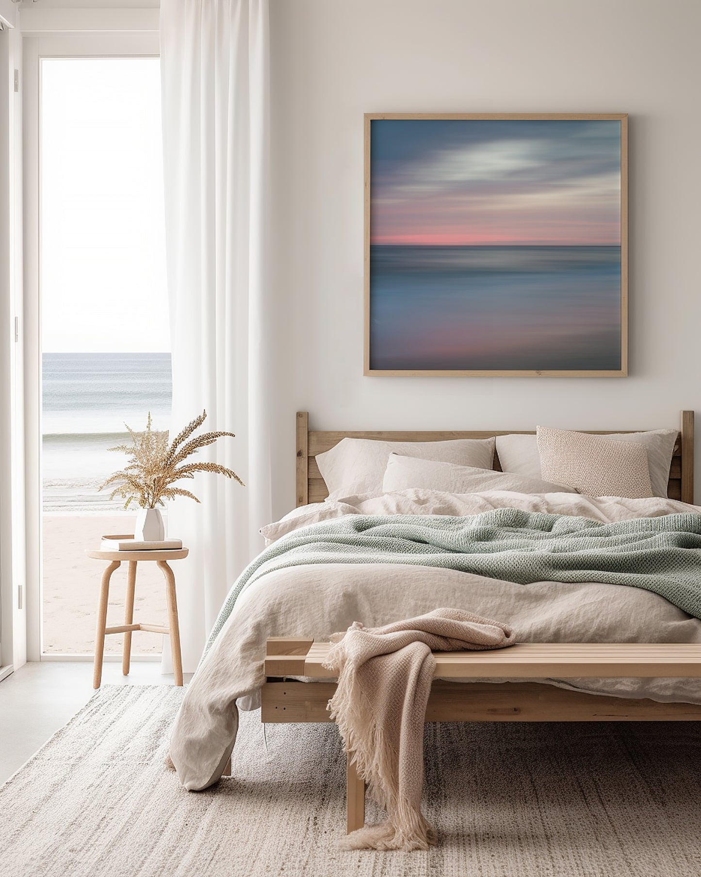 The Colors of Evening on the Beach Landscape Photograph in Coastal Bedroom Setting