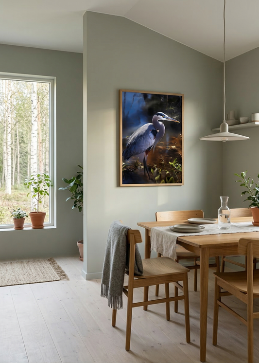 Great Blue Heron Art: The Silent Sentinel Wildlife Photorealistic Digital Painting DIY Downloadable and Printable Print in Scandinavian Style Dining Room