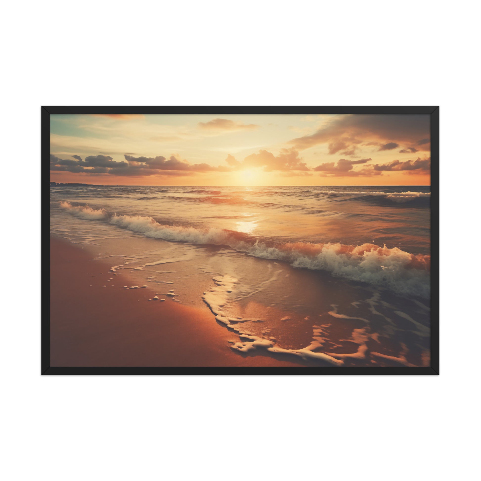 The Wave's Embrace Realism Digital Painting Beach Artwork Framed Wall Art Print Black 24 x 36