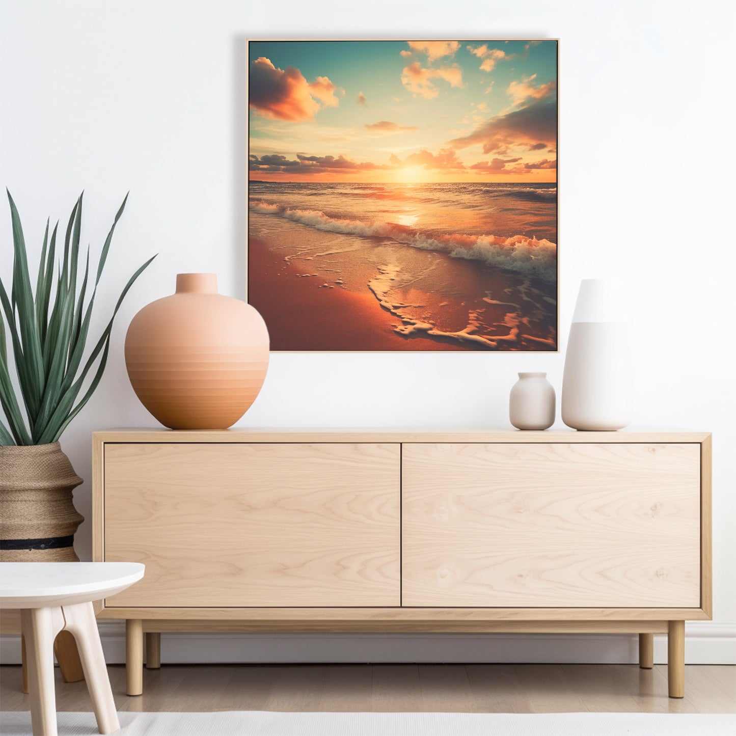 The Wave's Embrace Realism Digital Painting Beach Artwork in Living Room Setting