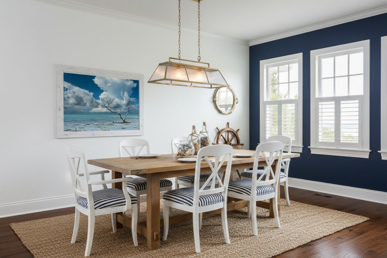 Wanderlust Traditional Color Coastal Landscape Photograph Loose Wall Art Print in Nautical Style Dining Room Setting