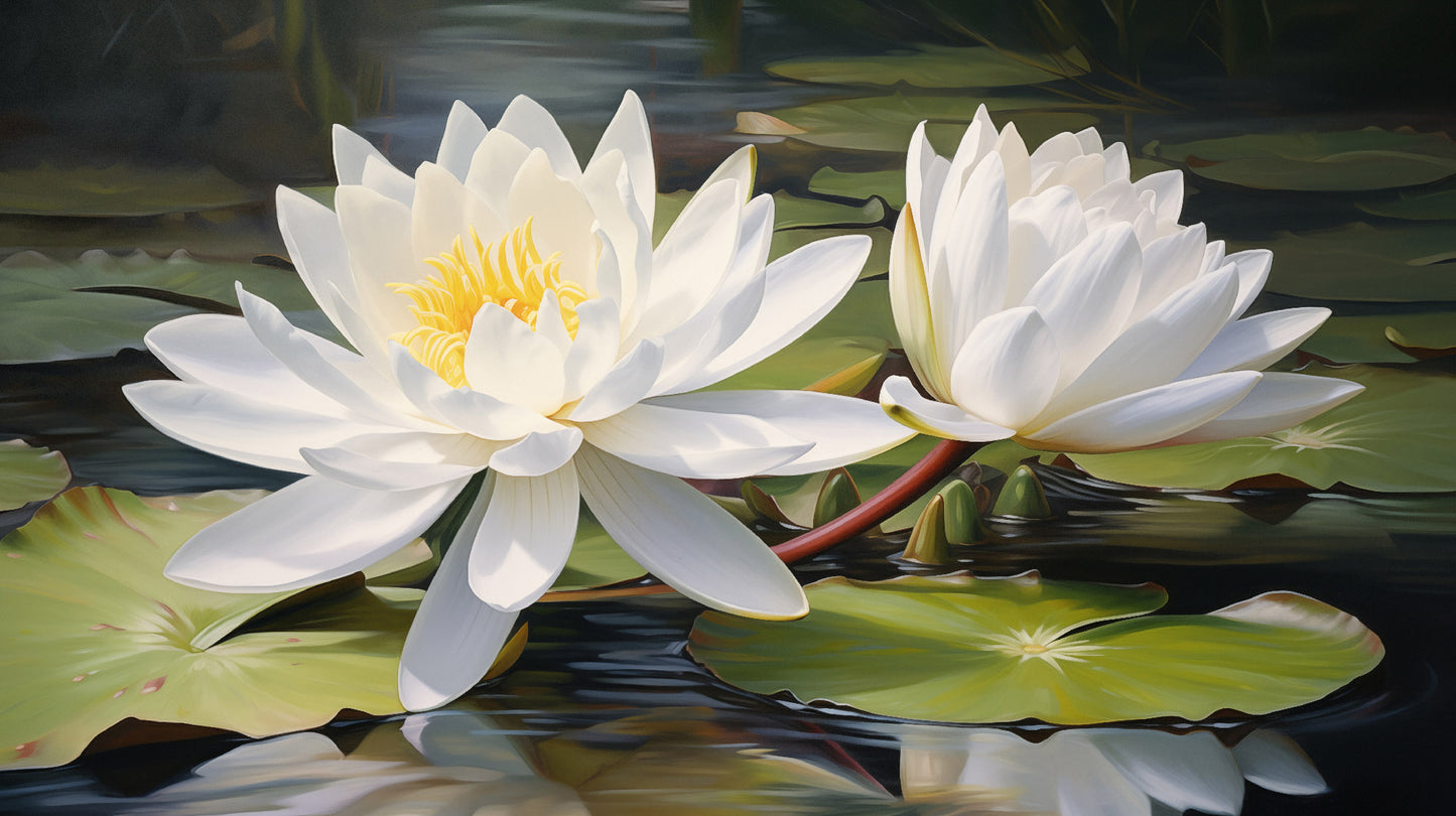 Water Lily Duet Oil Painting - Digital Artwork Loose Art Print