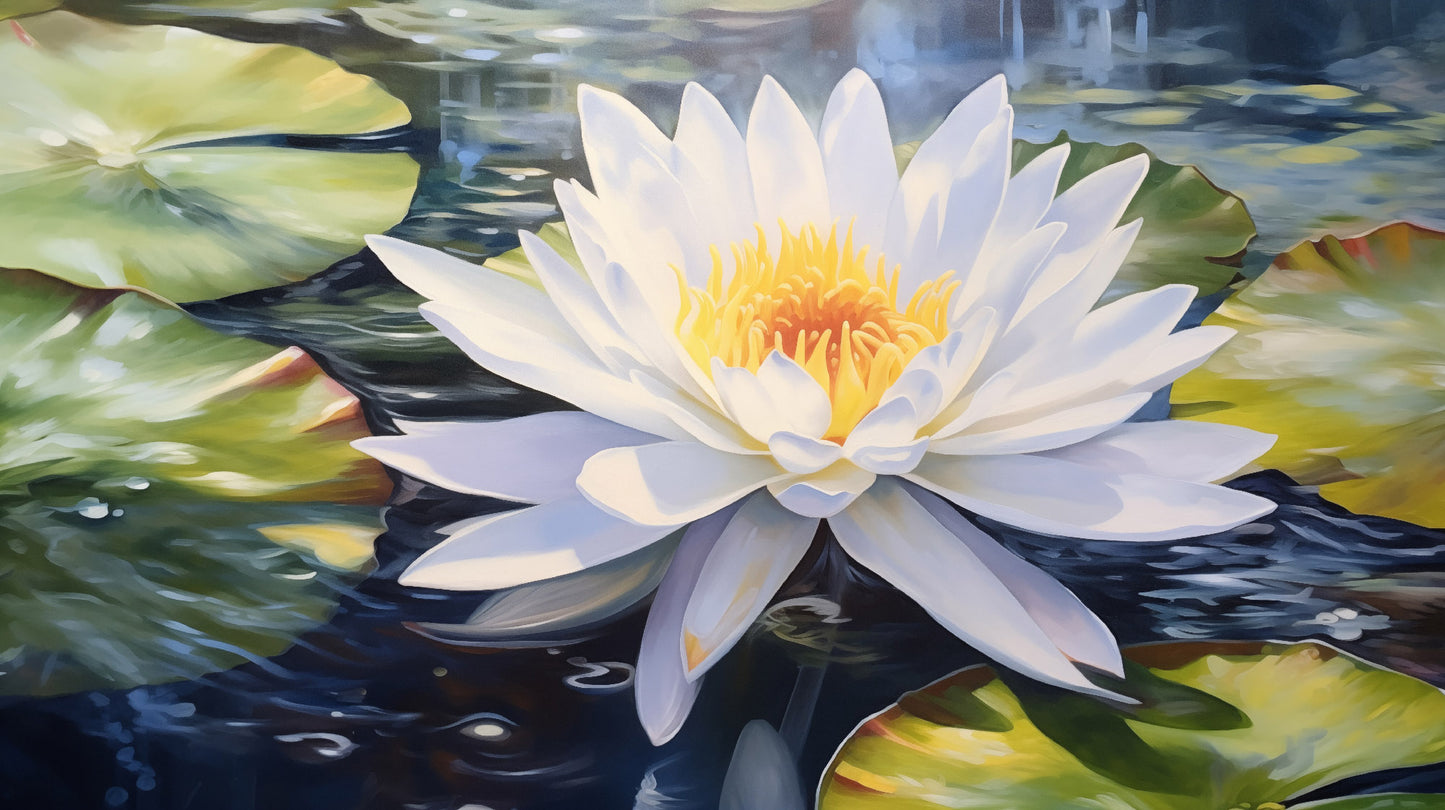 Water Lily's Embrace Oil Painting - Digital Artwork Loose Art Print