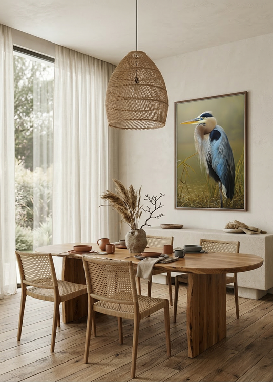 Heron Bird Art: Whispers of the Wetlands Wildlife Photorealistic Digital Painting DIY Downloadable and Printable Wall Art Print in Modern Organic Style Dining Room