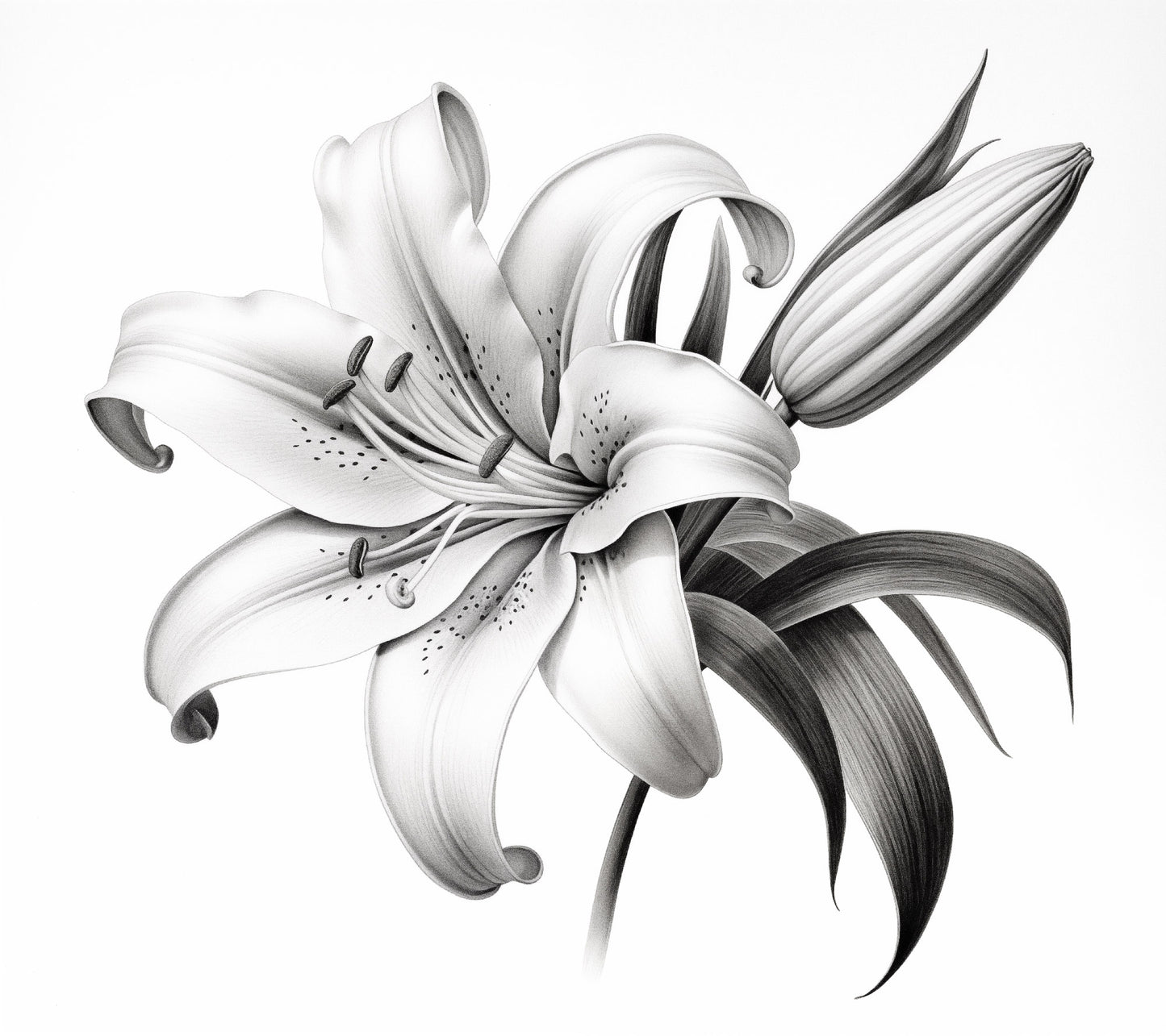 White Lilies Art: A Moment of Bloom Pencil Sketch Charcoal Drawing Digital Artwork Loose Art Print