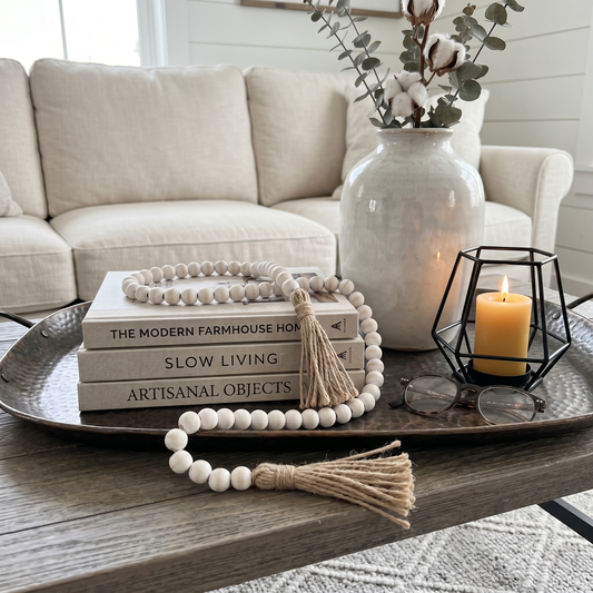 White Distressed Wood Bead Garland Strand Jute Tassels - Boho Style Desktop & Shelf Decoration, Rosary Home Accent 12" - 84" Custom Lengths