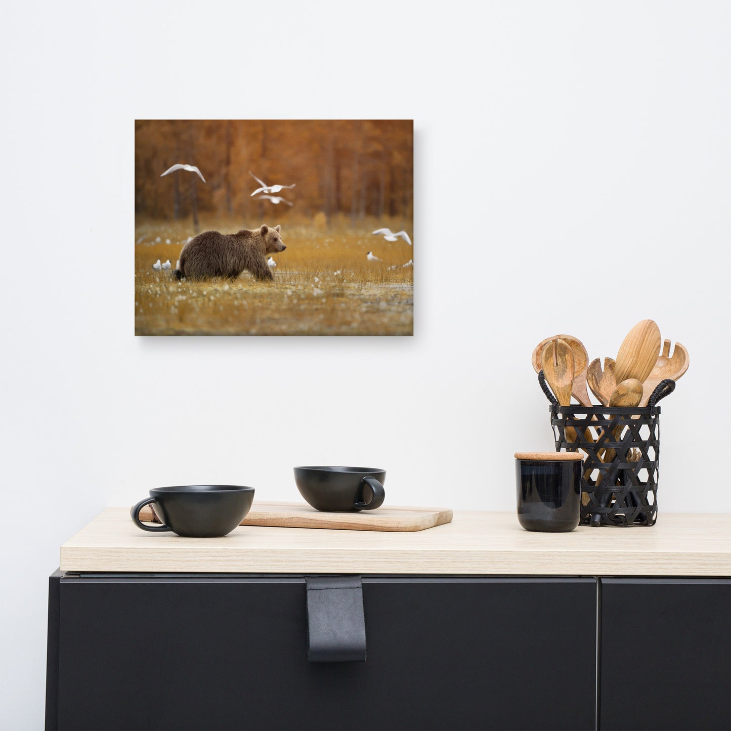 Big Brown Bear Crossing The Marshlands Rustic Wildlife Landscape Photograph Canvas Wall Art Prints