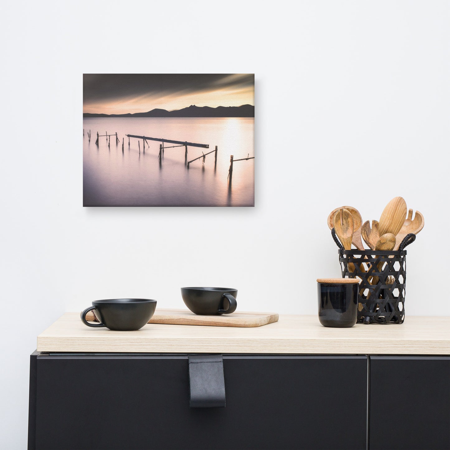 Moody Ruined Pier and Mountain Range Landscape Photo Canvas Wall Art Prints