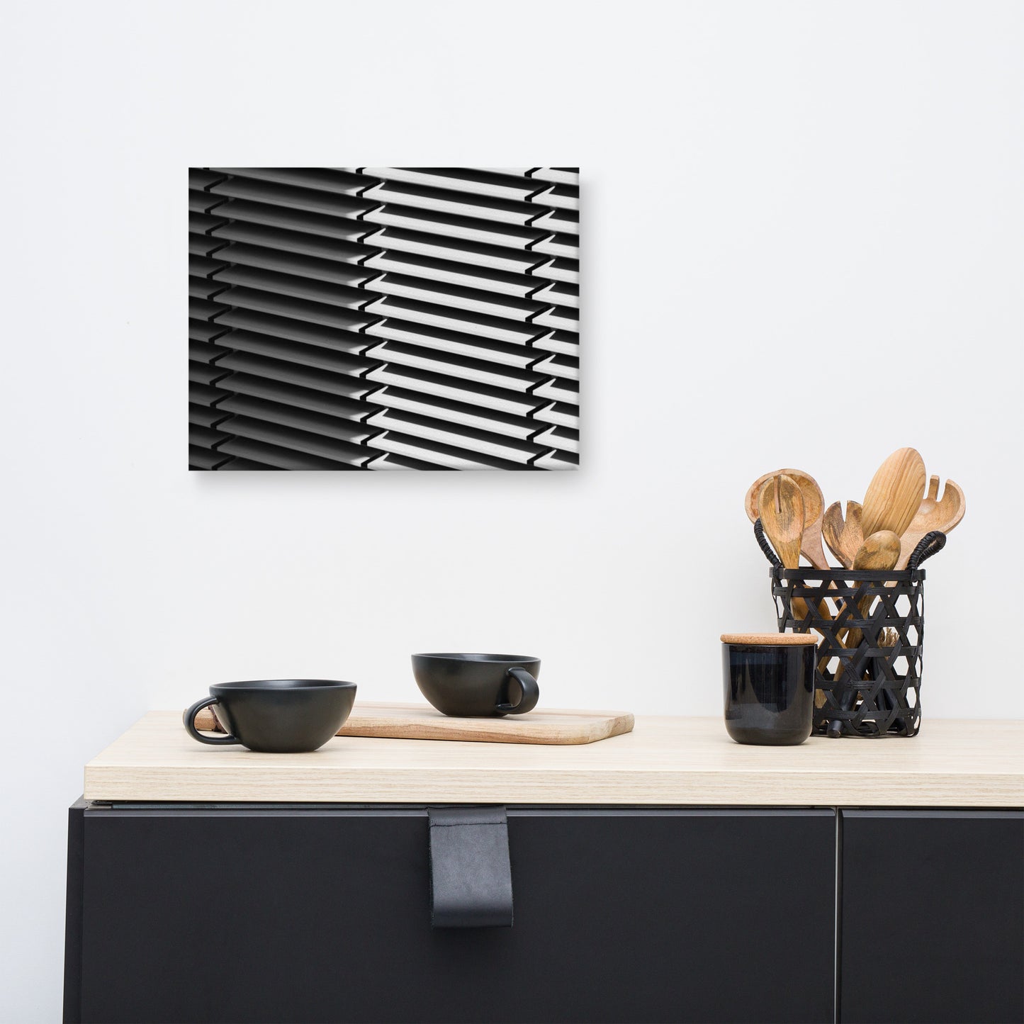 Black and White Minimal Line and Shadow Pattern Canvas Wall Art Print