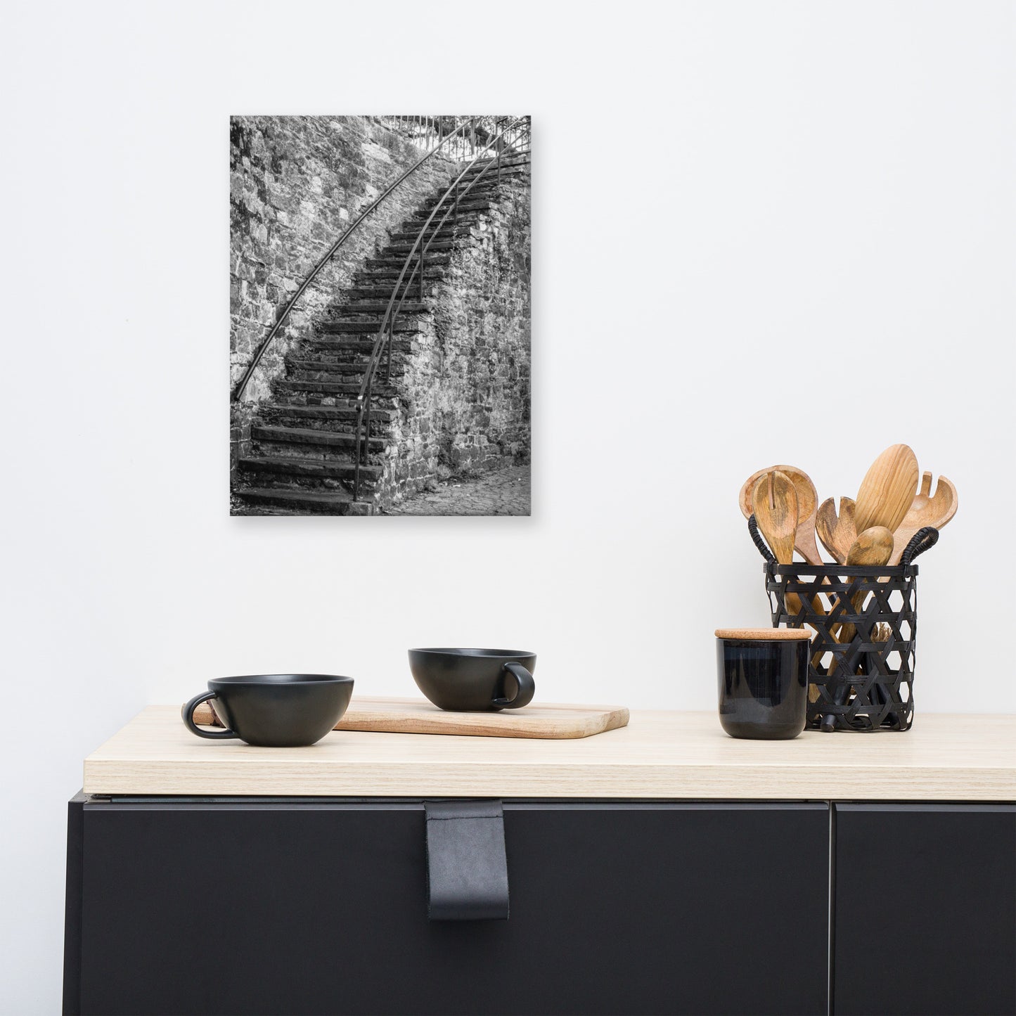 Black and White Old Stone Stairs River Street Savannah GA Canvas Wall Art Prints