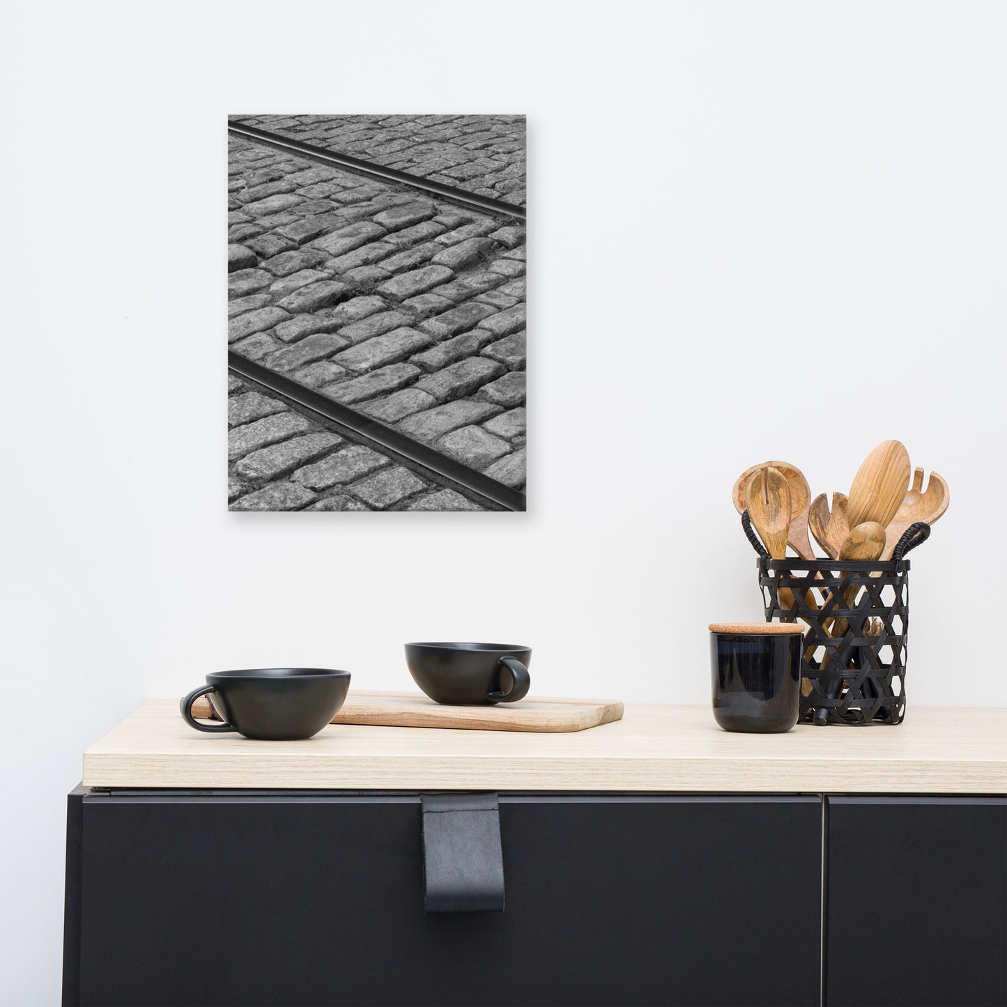 Black and White Train Tracks Cobble Stone River Street Savannah GA Canvas Wall Art Prints