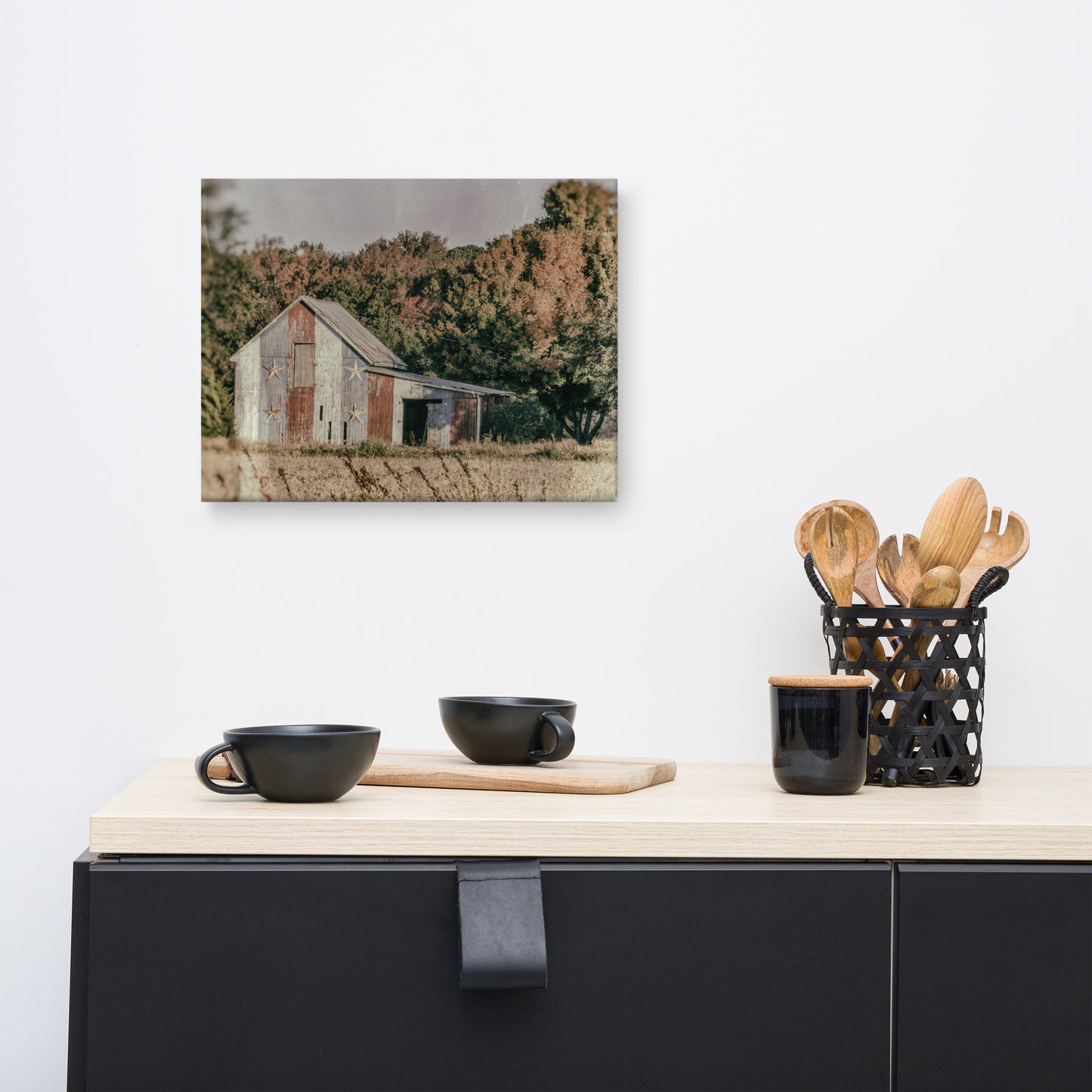 Patriotic Barn in Field Glass Plate Rustic Landscape Photograph Canvas Wall Art Prints