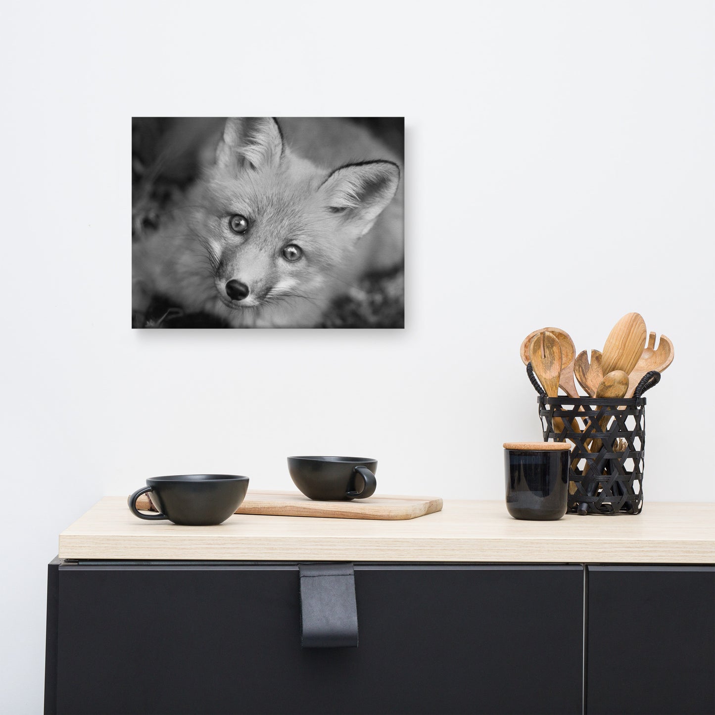 Young Red Fox Face Black and White Animal Wildlife Nature Photograph Canvas Wall Art Prints
