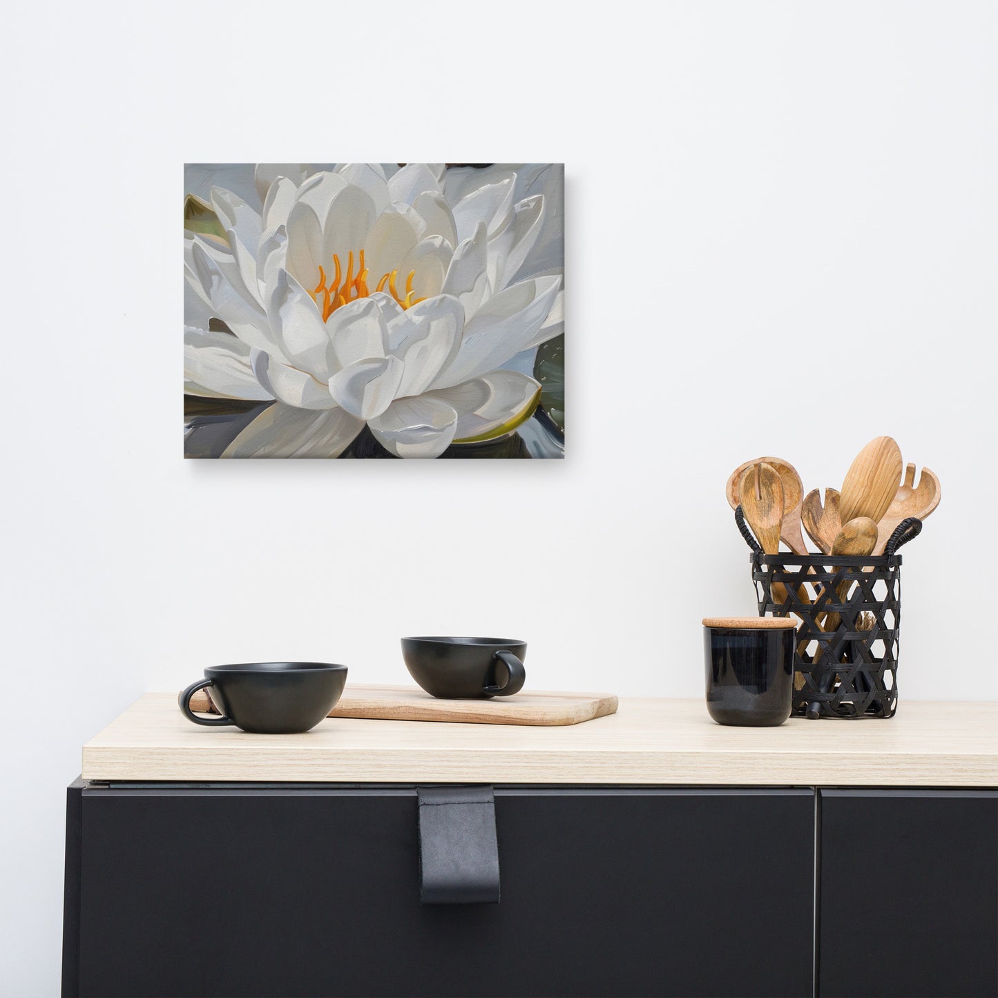 Peaceful White Waterlily Floral Botanical Digital Artwork Canvas Wall Art Print
